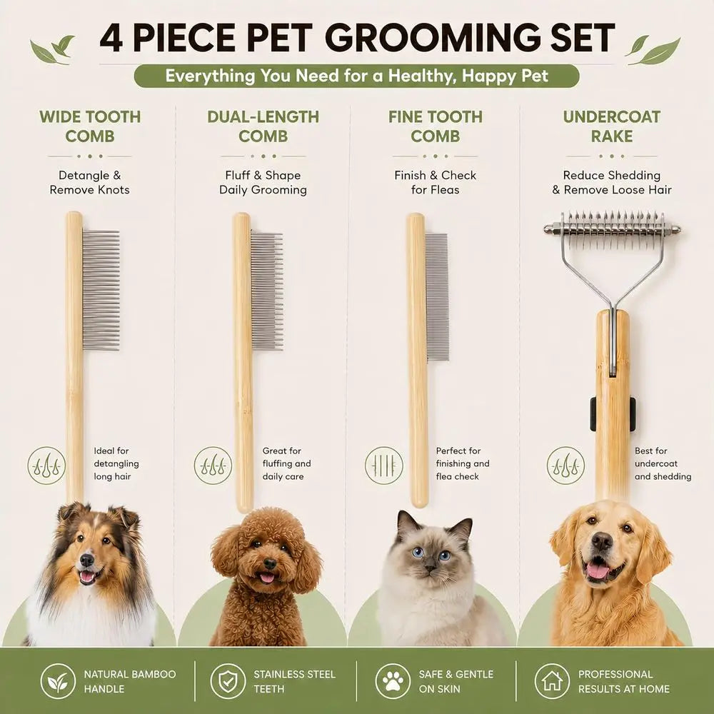 Pet Grooming Kit for Medium to Long Haired Cats & Dogs, 4-in-1 Dematting Comb Set with Undercoat Rake, Detangling & Deshedding T