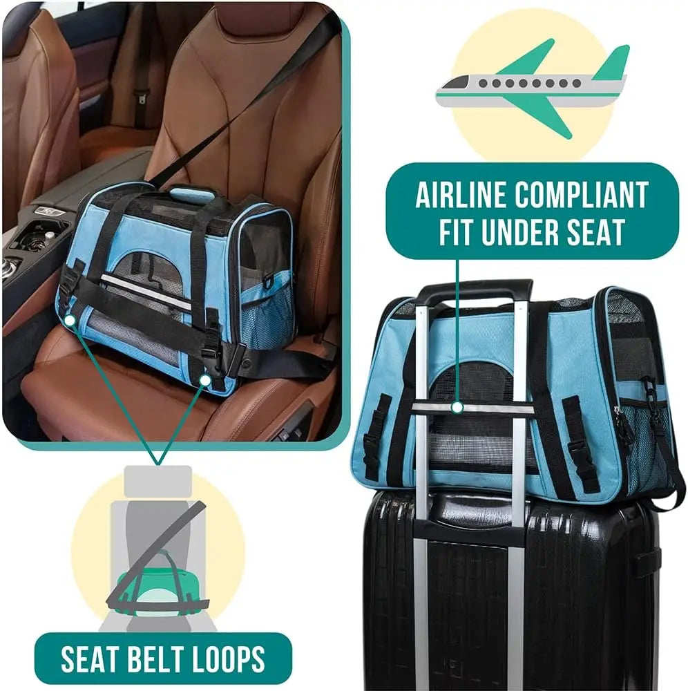 Airline Approved Pet Carrier for Cats, Soft Sided Dog Carrier for Small Dogs, Ventilated Travel Bag with Sherpa Bed, Large Blue