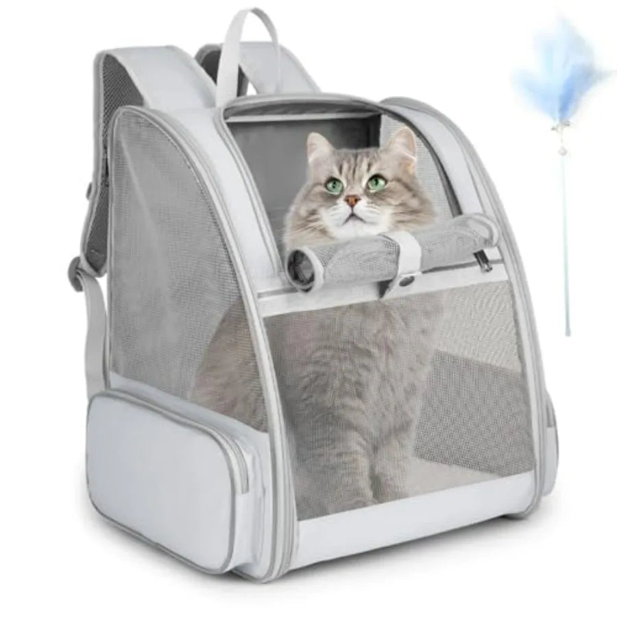 Cat Backpack Carrier, Large Pet Carrier Backpack with Kitten Wand Feather Toy for Medium Small Dog Cat Puppy Kitty Bunny up to