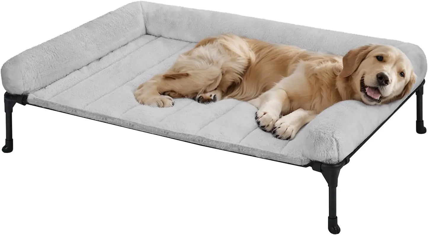 Elevated Orthopedic Dog Bed with Fluffy Bolster, Large Pet Sofa Cot, Removable Washable Mat, Non-Slip Feet, Grey