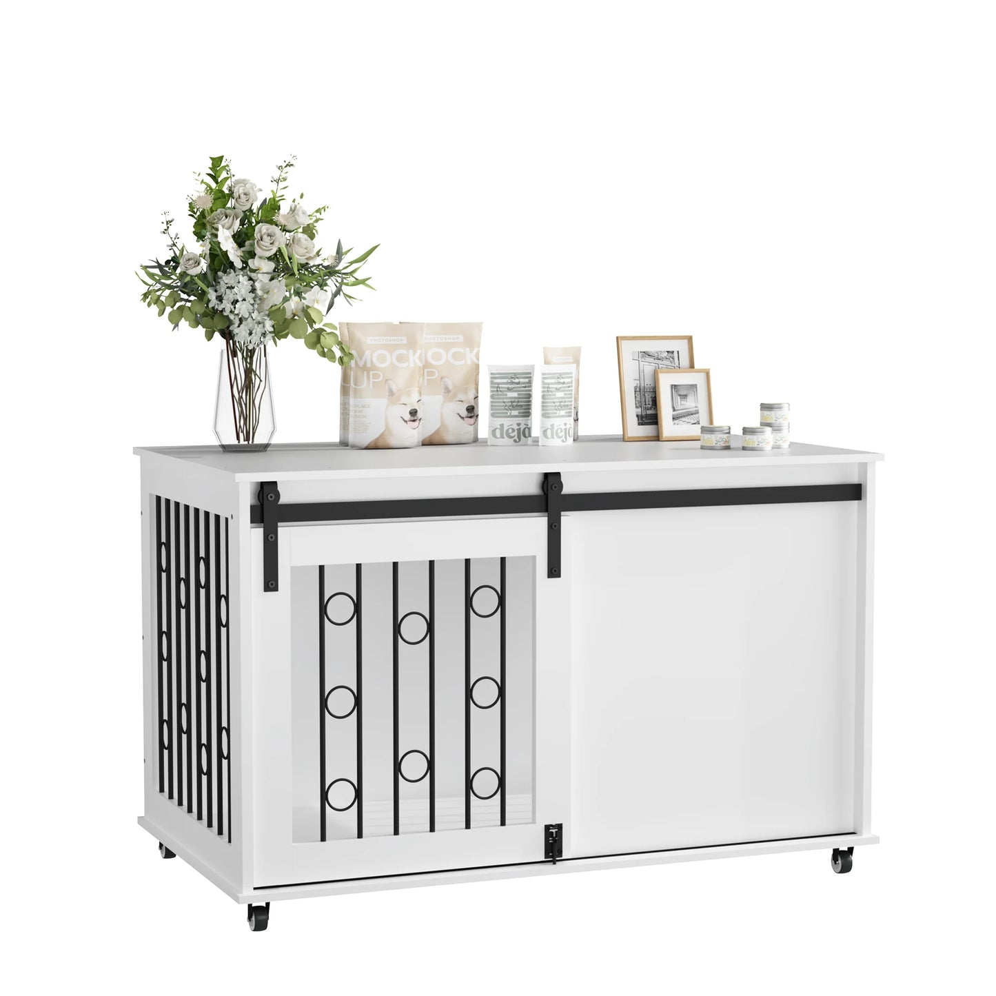 Modern Wooden Dog Crate Furniture End Table with Sliding Barn Door & Side Access, White Pet Kennel with Metal Bars & Lockable Wheels for Small Medium Dogs