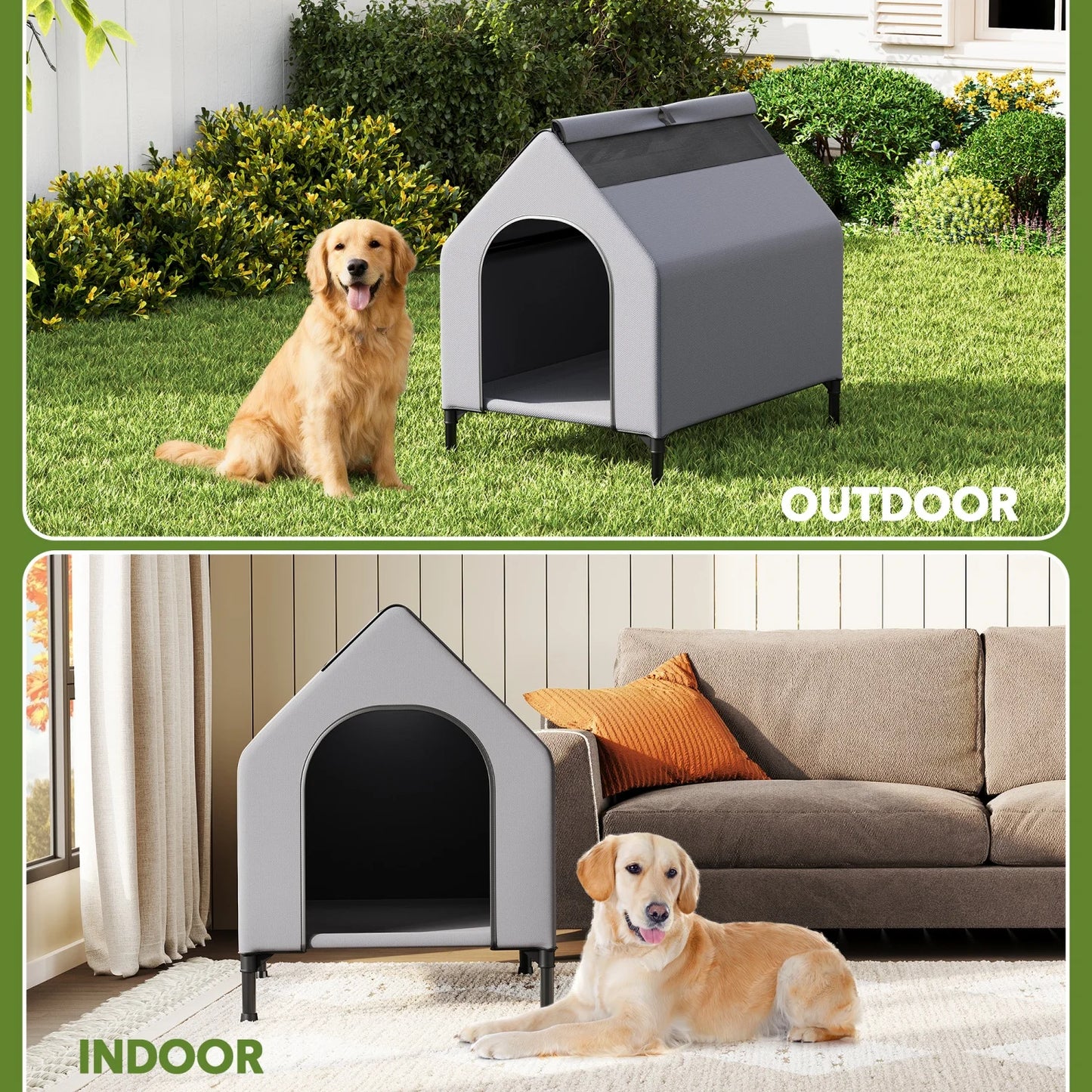 Weatherproof Elevated Dog House, 600D Oxford Breathable Outdoor Dog Tent Shelter with Mesh Bed, Sturdy Metal Frame Pet Kennel for Medium Dogs, Indoor/Outdoor Use