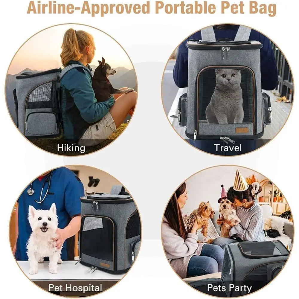 Expandable Pet Backpack Carrier for Cats and Small Dogs, Airline-Approved with Safety Leash, Grey