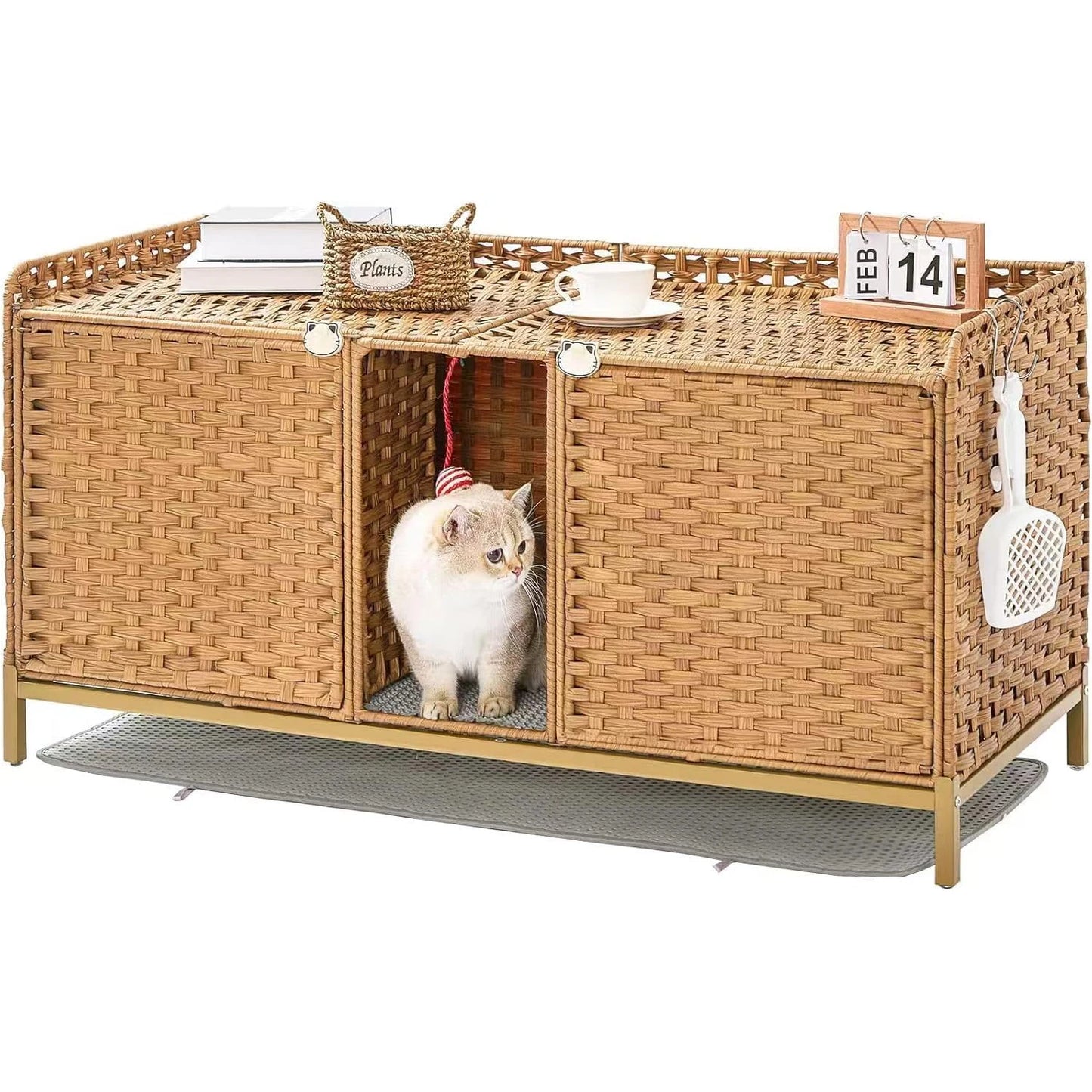 Cat Litter Box Enclosure Furniture, Handwoven Rattan Cat Bed Houses, Hidden Cat Washroom Furniture with Door/Mat,Pet Furniture