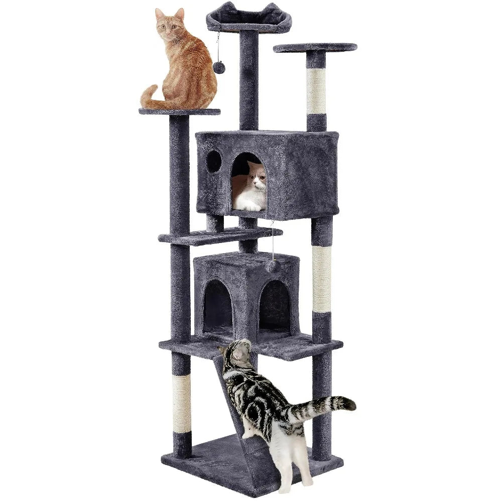Yah 54in Cat Tree,Multi-Level Tower with Kitten-Ear Perch,2 Caves,Scratching Posts,Ladder,2 Plush Balls for Indoor Cats