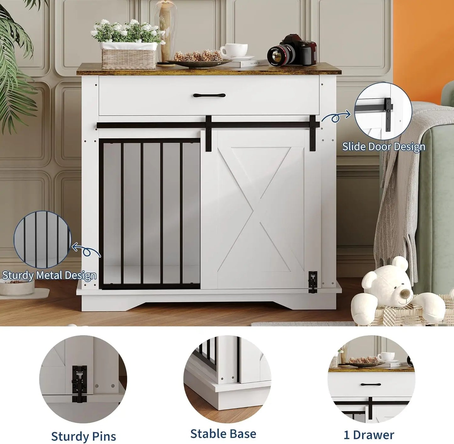 Wooden Dog Kennel with Double Doors, Sliding Barn Door and Storage Drawer, Pet Cage House End Table, Buffet Cabinet & Side Table