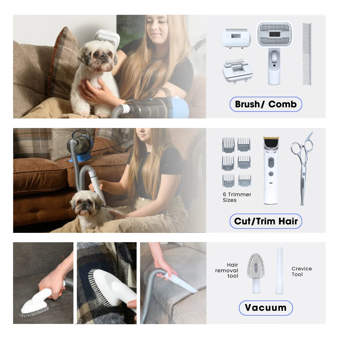 Grooming Kit for Dogs & Cats, with Vacuum, Removes up to 99% of Fur, Brushes, Clippers, for Shedding, Low noise, Adjustable Spee