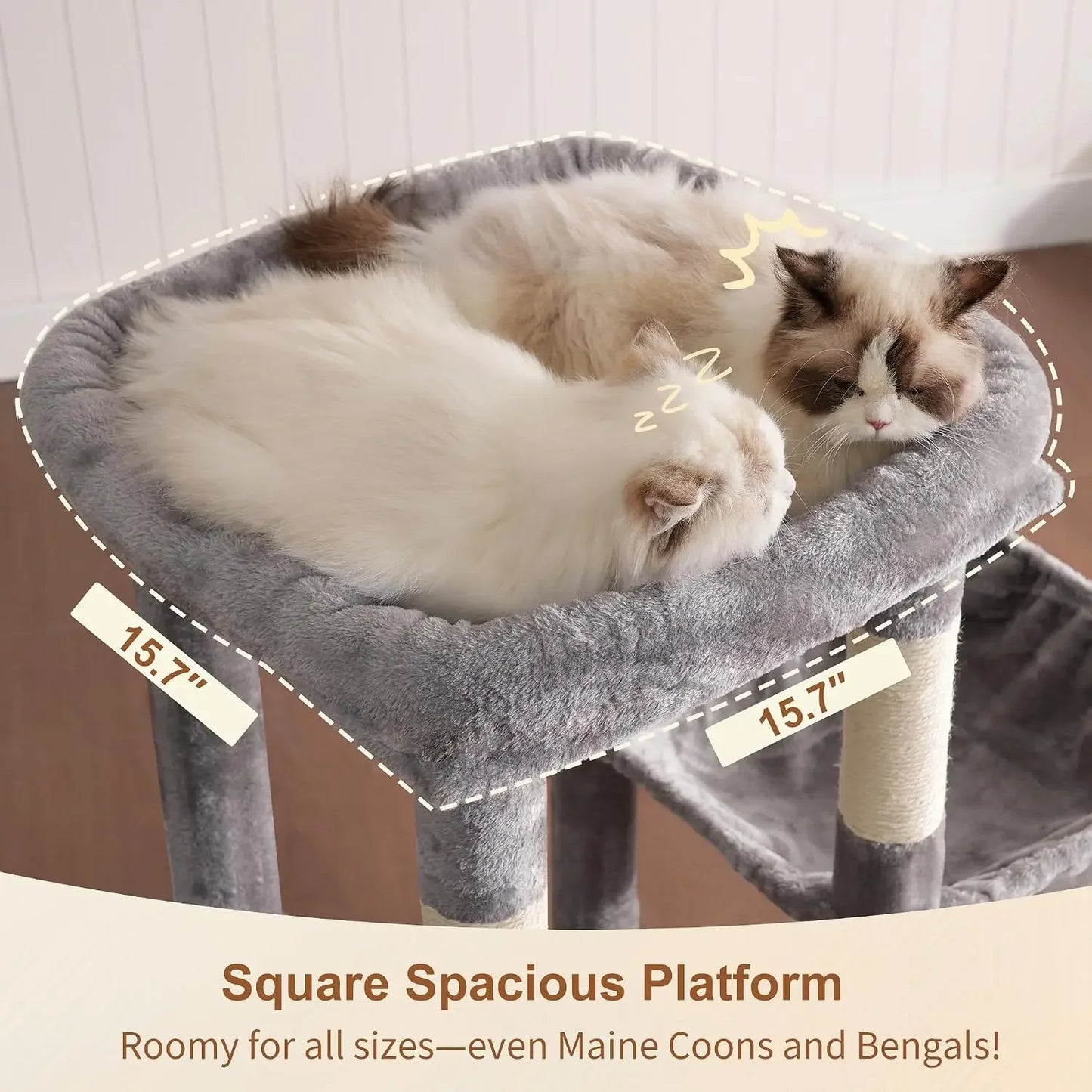 Heavy Duty Cat Tree for Large Cats, Tall Cat Condo with Extra-Large Base, Multi-Level Plush Furniture, Scratching Posts, Hammock, Toy Balls, Light Gray