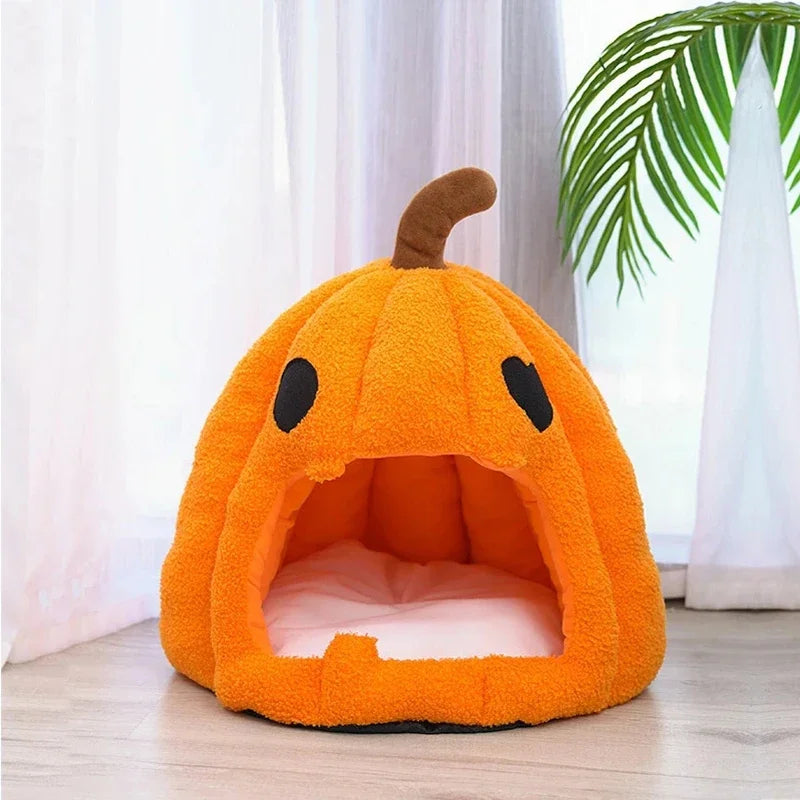 Autumn and Winter Warm Cat House Bed Cat and Dog House Pet Mat Pet Cave for Small Medium Dogs CatsHalloween Pumpkin Pet House