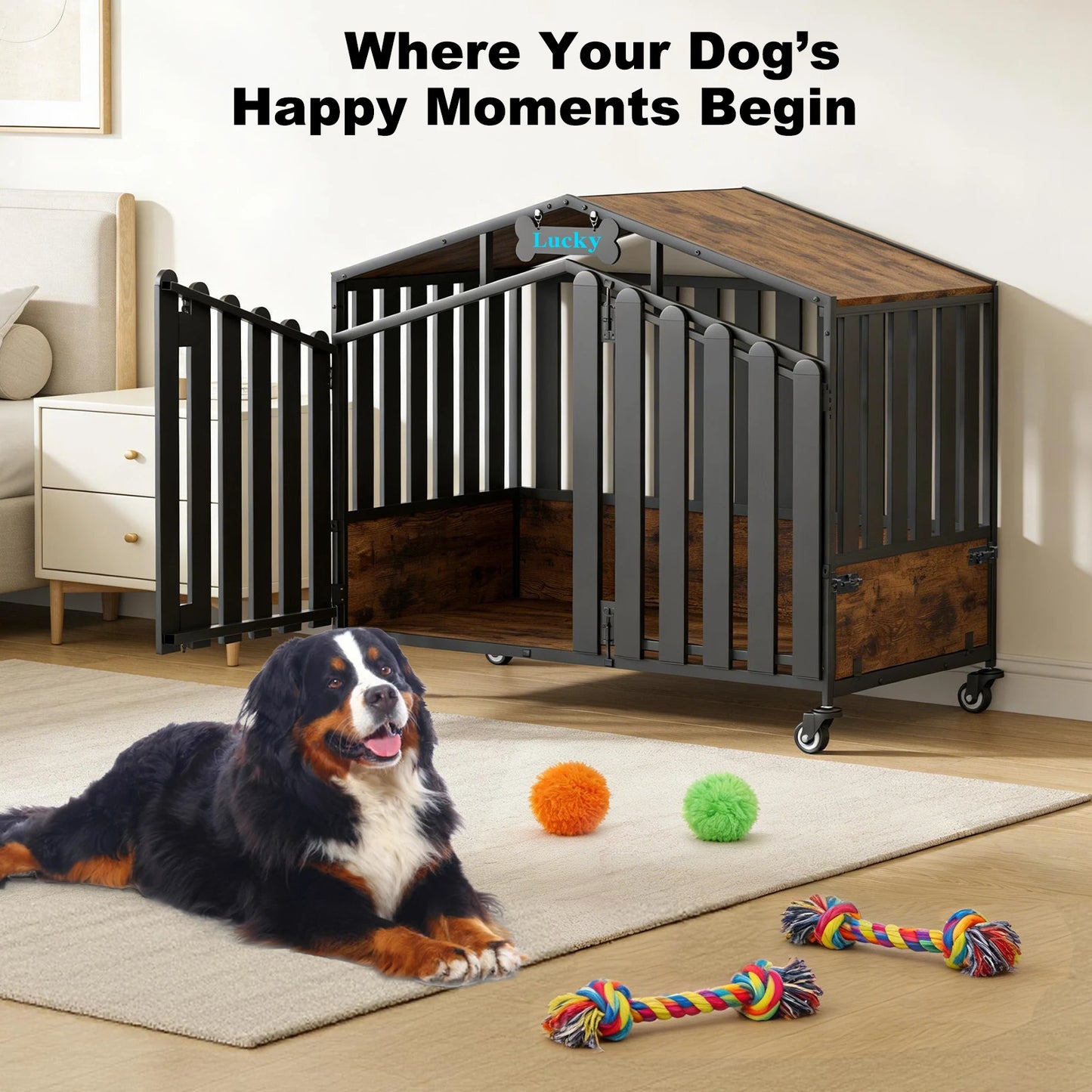 31"/41"/48“ XL Heavy Duty Dog Crate Furniture with Wheels, Dog Crates for Large Dogs Extra-Wide Thick Steel Plates for Chew Res
