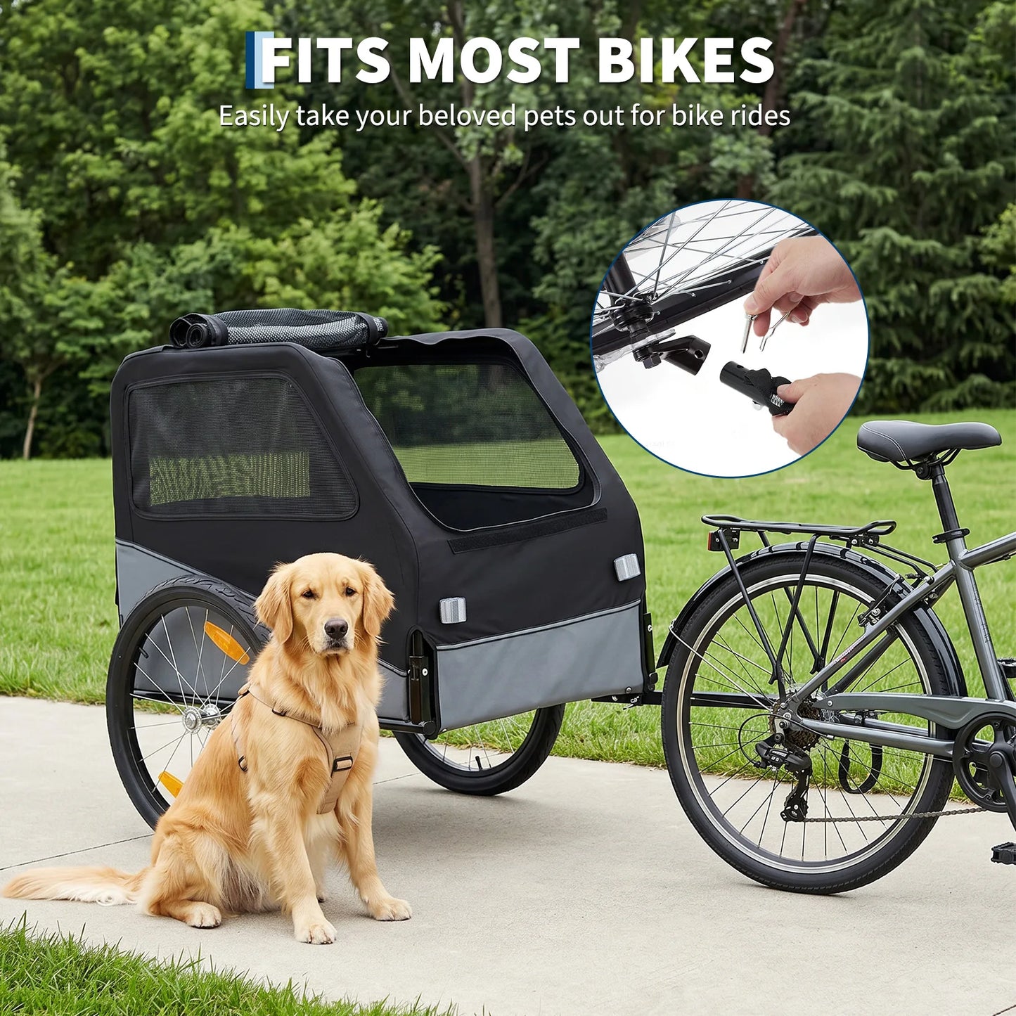 Foldable Dog Bike Trailer, Heavy Duty Steel Frame Pet Bike Carrier, 100 LBS Capacity Oxford Fabric Dog Carrier Bicycle Trailer with Mesh Window Reflectors for Medium Large Dogs & Cats, Black