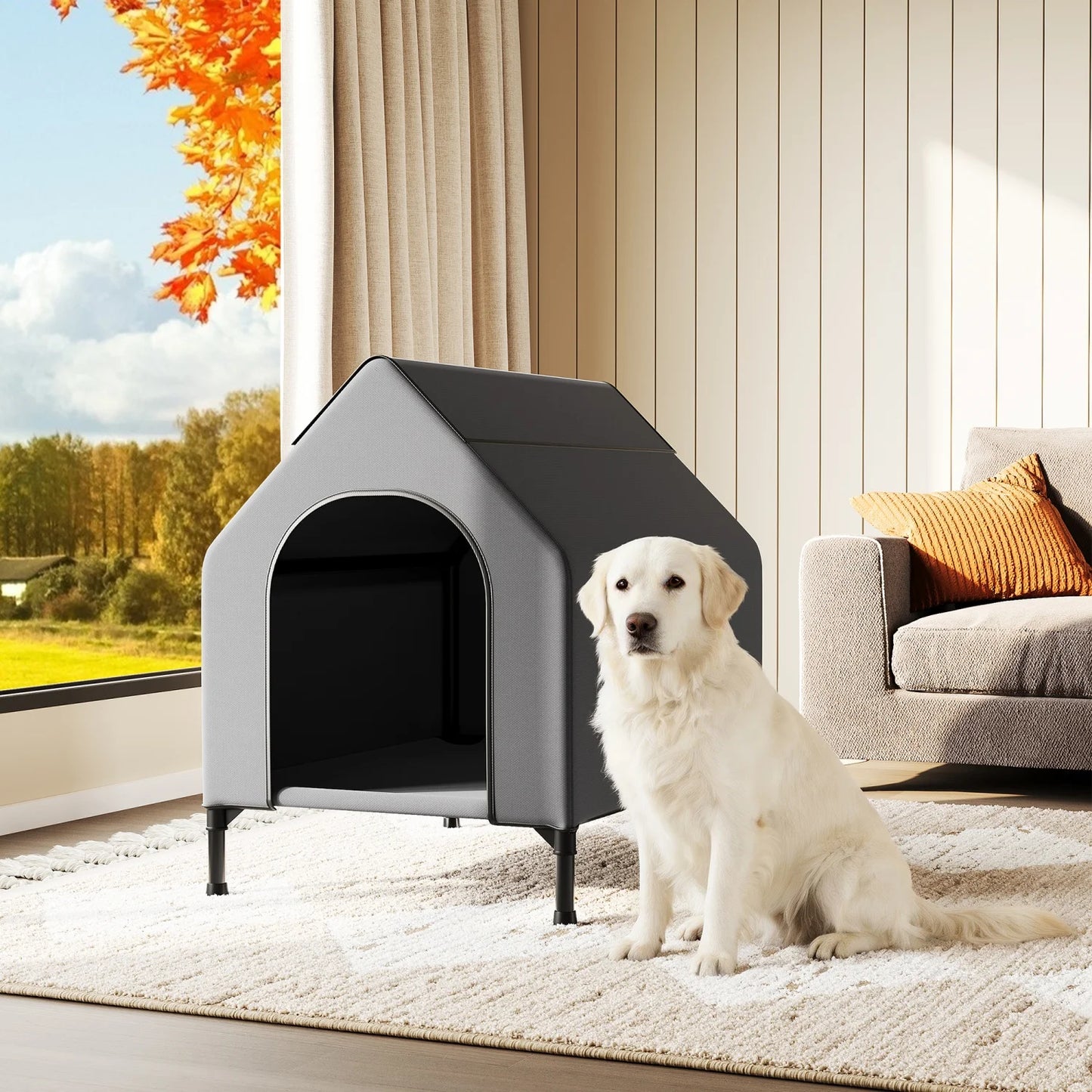 Weatherproof Elevated Dog House, 600D Oxford Breathable Outdoor Dog Tent Shelter with Mesh Bed, Sturdy Metal Frame Pet Kennel for Medium Dogs, Indoor/Outdoor Use