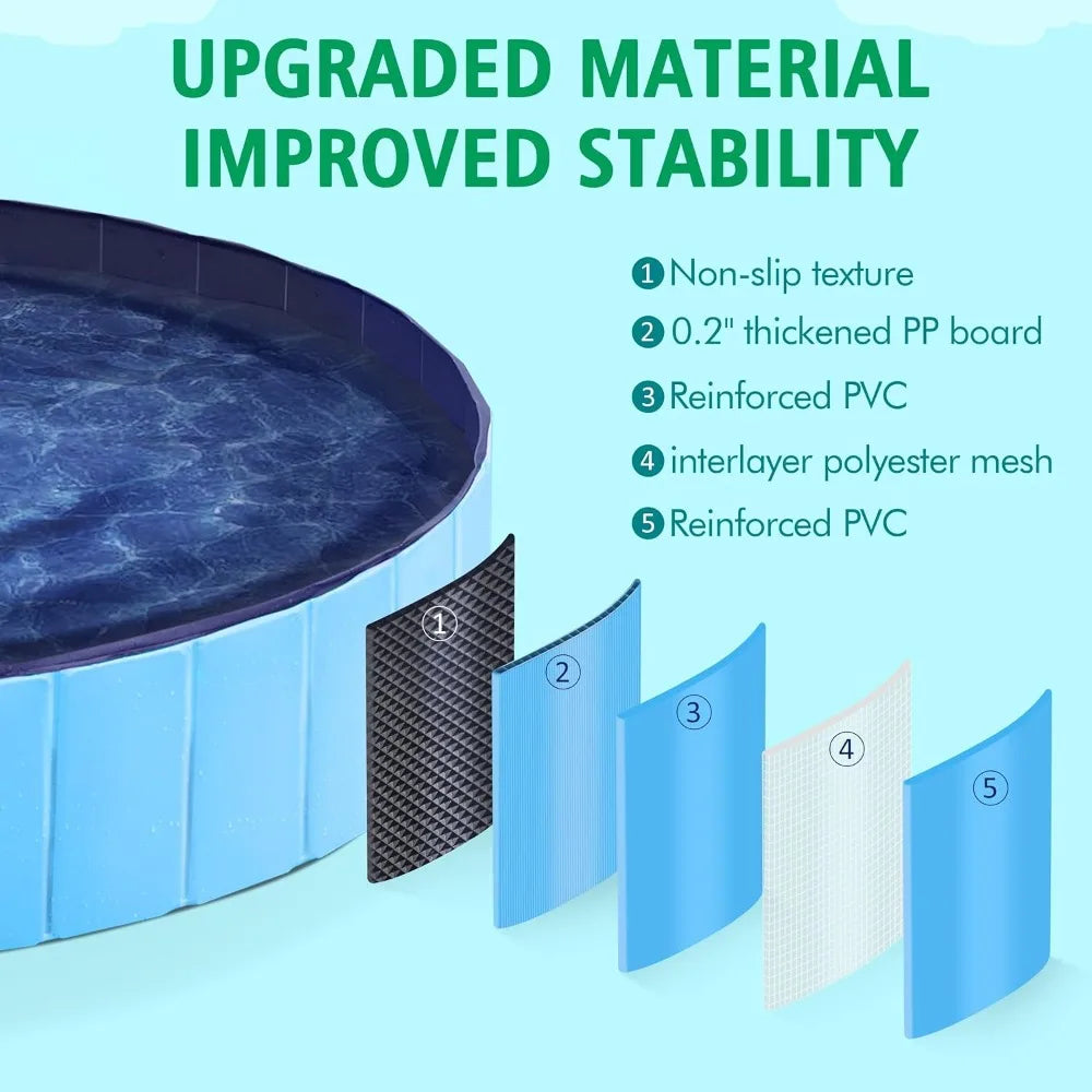 Yah 63"x12" Large Foldable Dog Pool – Collapsible Hard Plastic Pet Bath Tub, Scratch-Resistant – for Small to Large Dogs, Blue