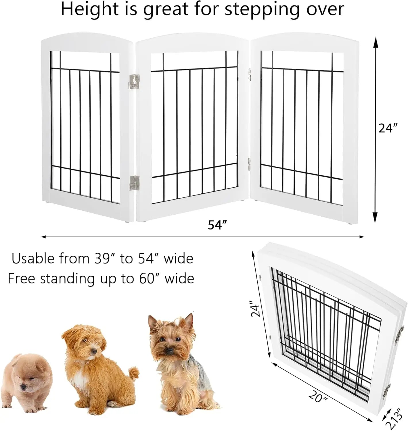 Foldable Wooden Dog Gate for Stairs, Doorways, Indoor Use, 60"W x 24"H, 3 Panels, White