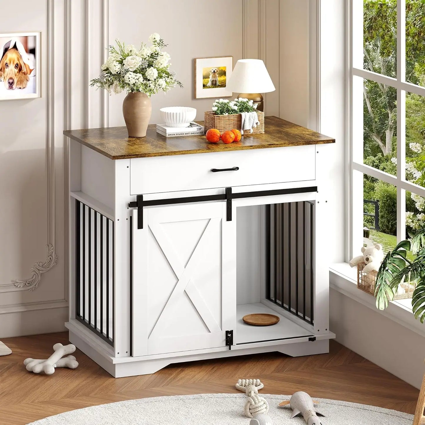Wooden Dog Kennel with Double Doors, Sliding Barn Door and Storage Drawer, Pet Cage House End Table, Buffet Cabinet & Side Table