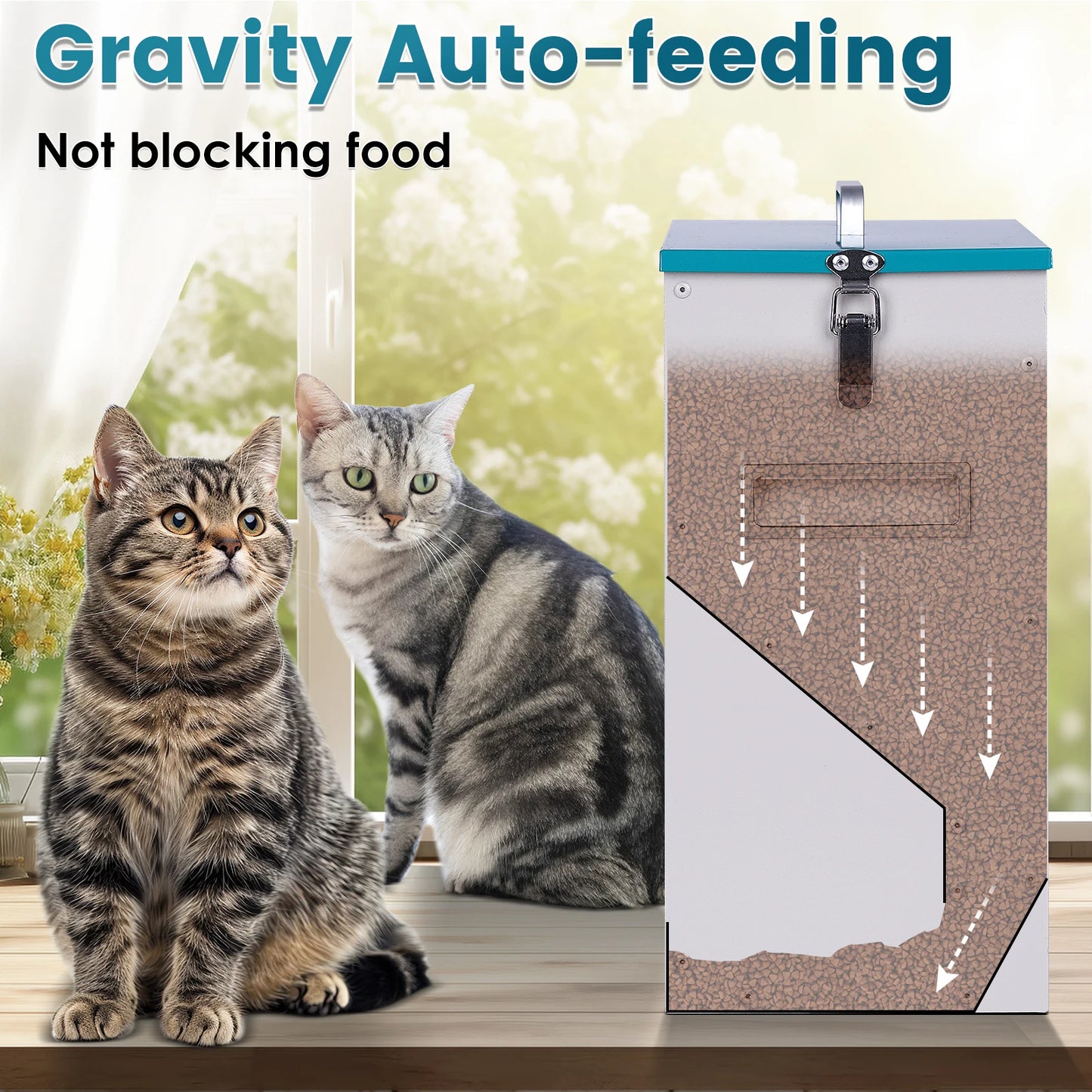 Large Capacity Automatic Dog Cat Feeding Dispenser Trough with 2 Feeding Ports, Durable and Sturdy, Rust- resistant, Gravity Auto-feeding