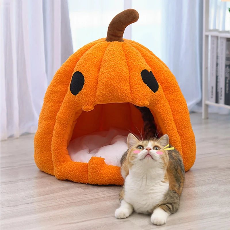Autumn and Winter Warm Cat House Bed Cat and Dog House Pet Mat Pet Cave for Small Medium Dogs CatsHalloween Pumpkin Pet House