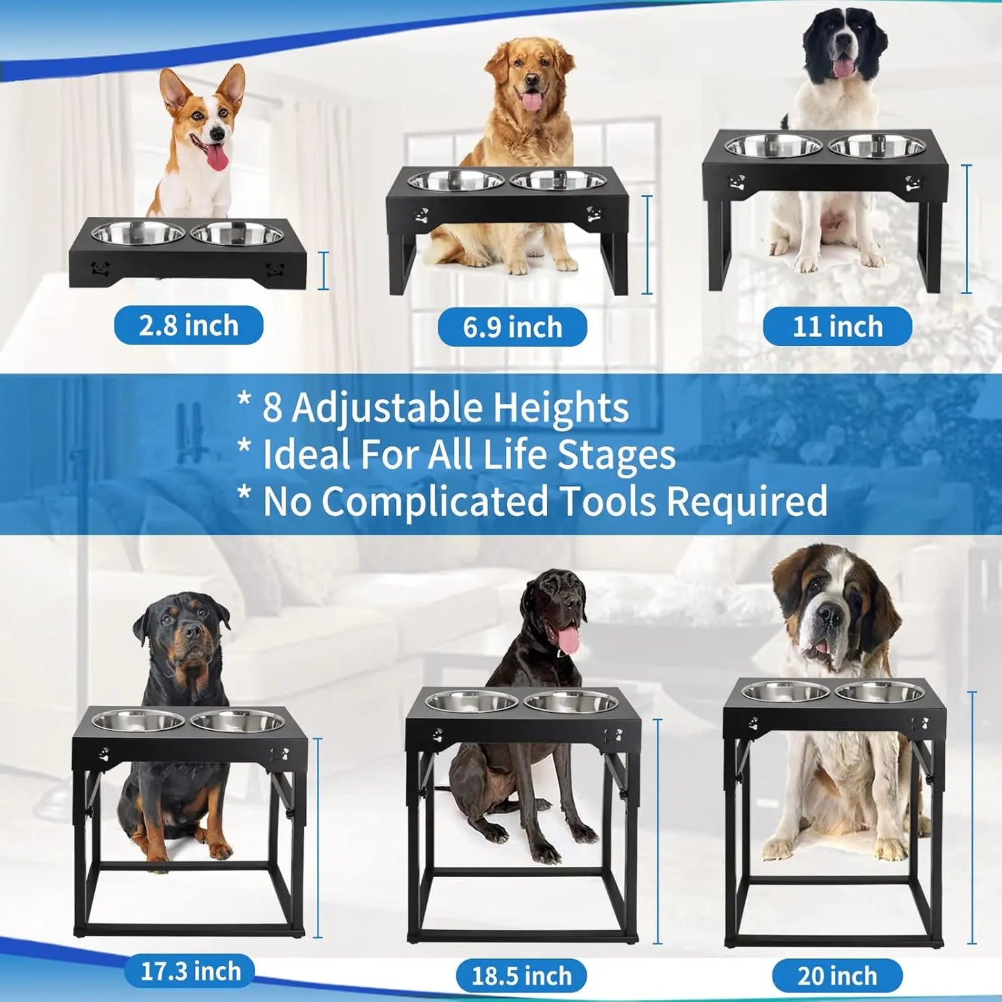 Adjustable Elevated Dog Bowls, Stainless Steel Non-Slip Feeder for All Sizes