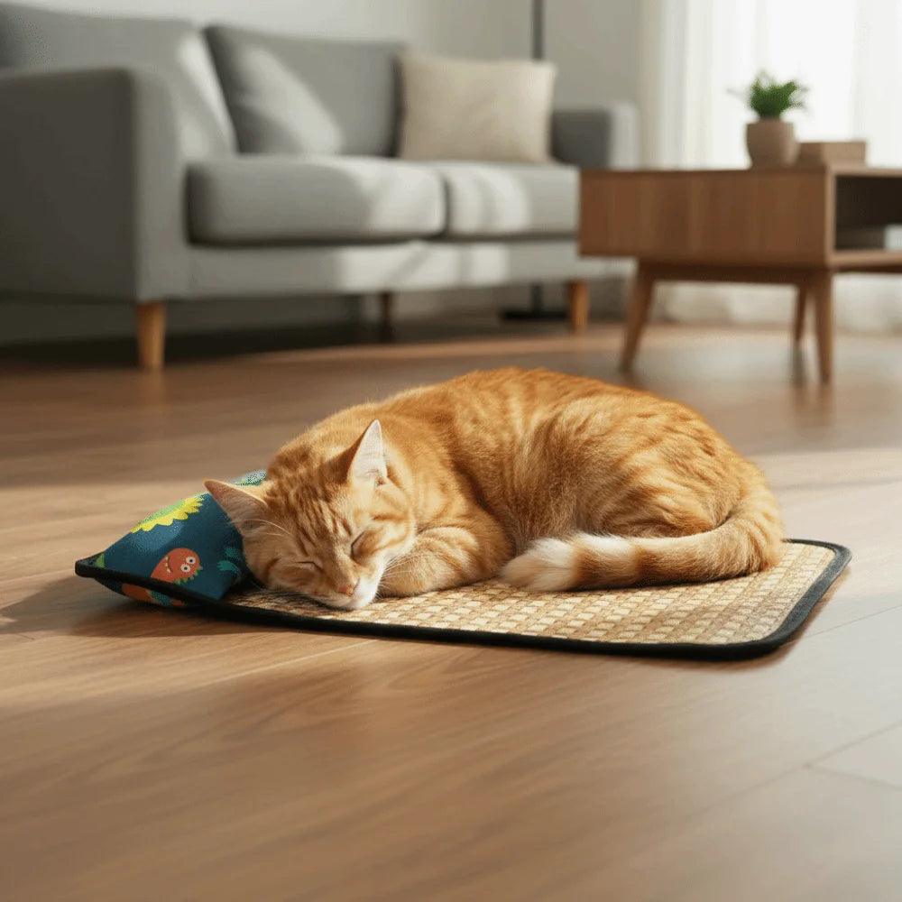 Rattan Weave Pet Cooling Mat Cartoon Pattern Anti-Slip Cat Sleeping Mat Breathable with Pillow Dog Crate Sleep Bed Car Travel