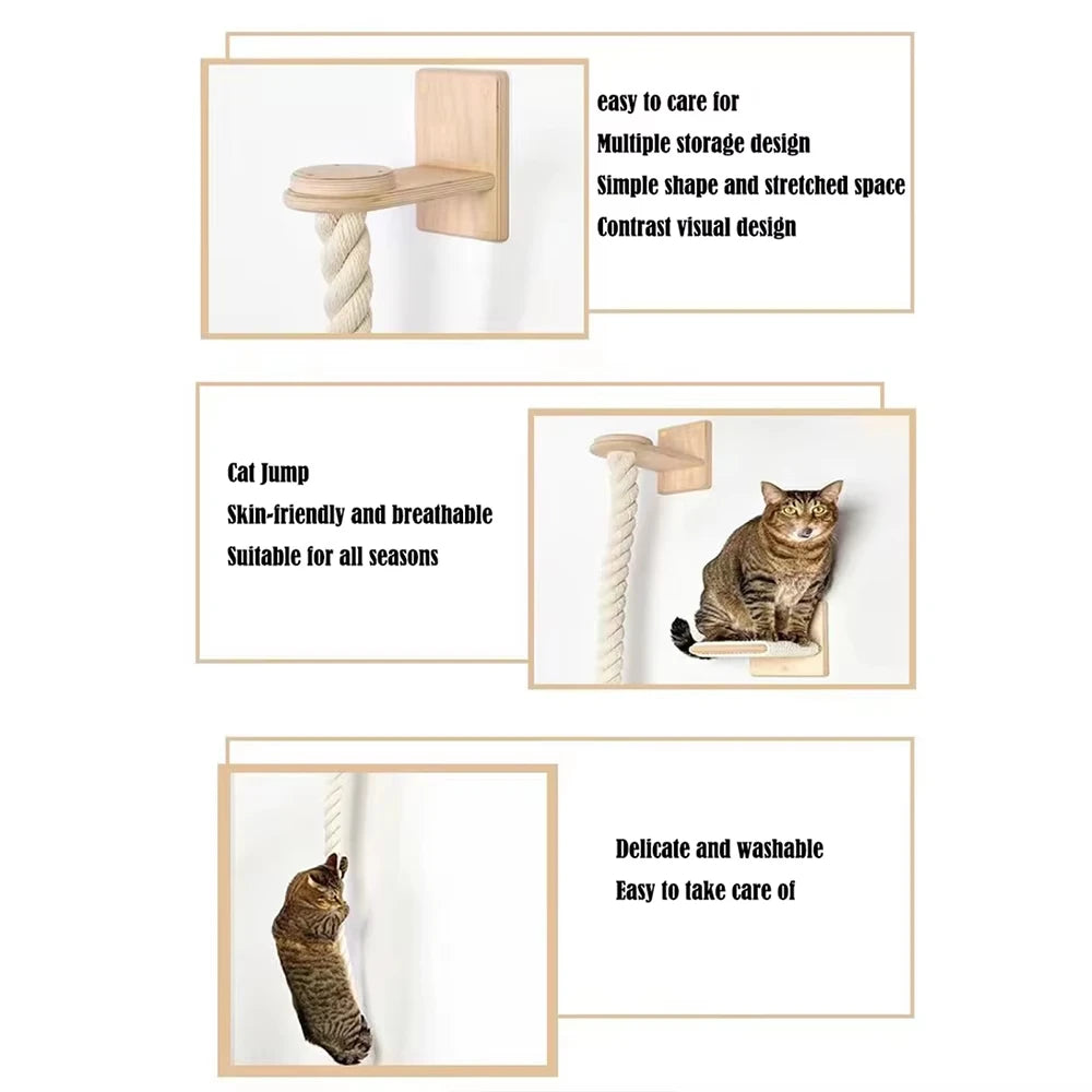 Cat Climbing Shelf and Rope Tree Wall Mounted Scratching Post Sisal Rope Lounging Interactive Play Toys Gym for Indoor Cats