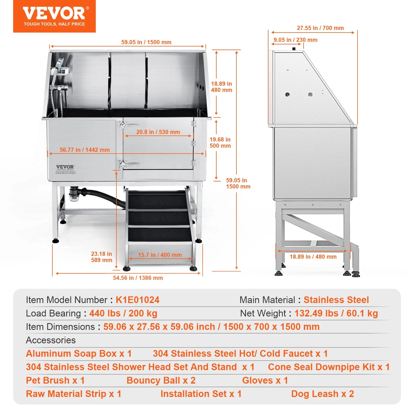 VEVOR 62" Pet Dog Grooming Tub Stainless Steel with Ramp Faucet Accessory Bathing Station for Large Small Pet Washing Sink