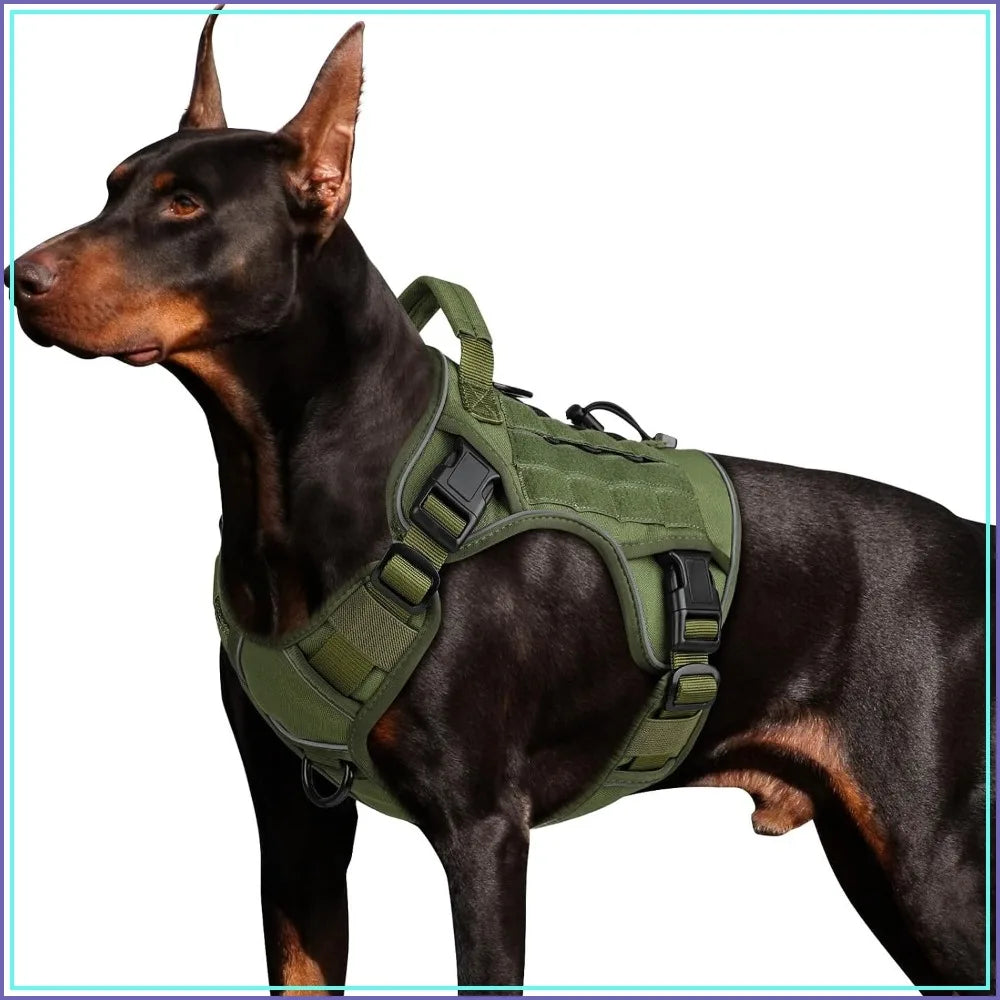 Tactical Dog Harness for Large Dogs, Heavy Duty No Pull with Handle, Reflective Military K9 Vest for Walking Training Hunting, Green, L