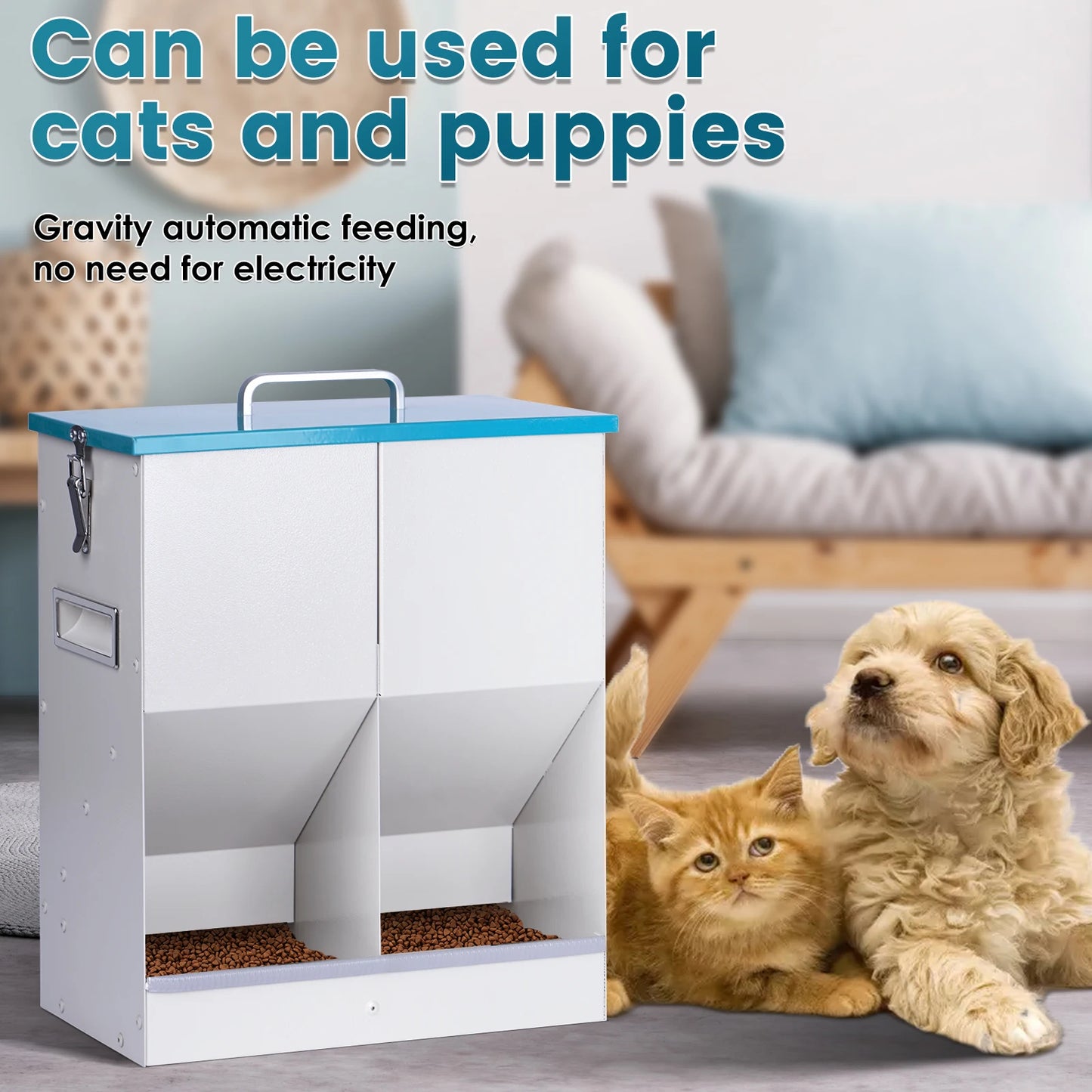 Large Capacity Automatic Dog Cat Feeding Dispenser Trough with 2 Feeding Ports, Durable and Sturdy, Rust- resistant, Gravity Auto-feeding