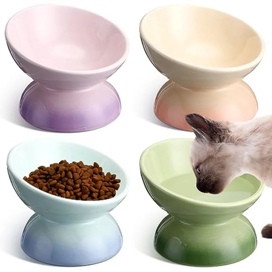 4 Pcs Ceramic Raised Cat Food Bowls Elevated Tilted Dish Anti Vomiting Food or Water Bowls Pet Supplies