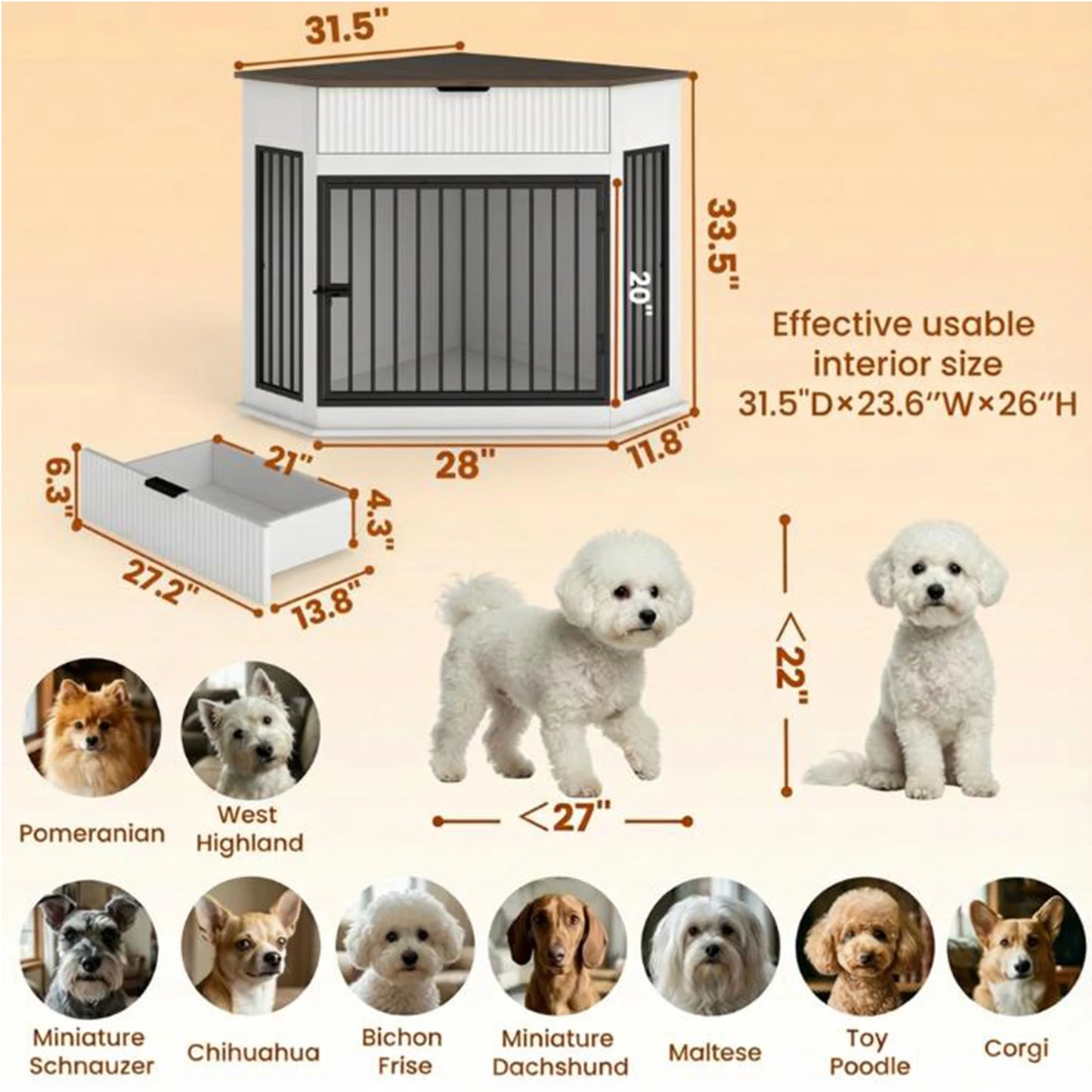 44.6'' Corner Dog Crate Furniture with Fluted Storage Drawer,Wooden Dog Kennel End Table for TV Stand,Decorative Pet Crate