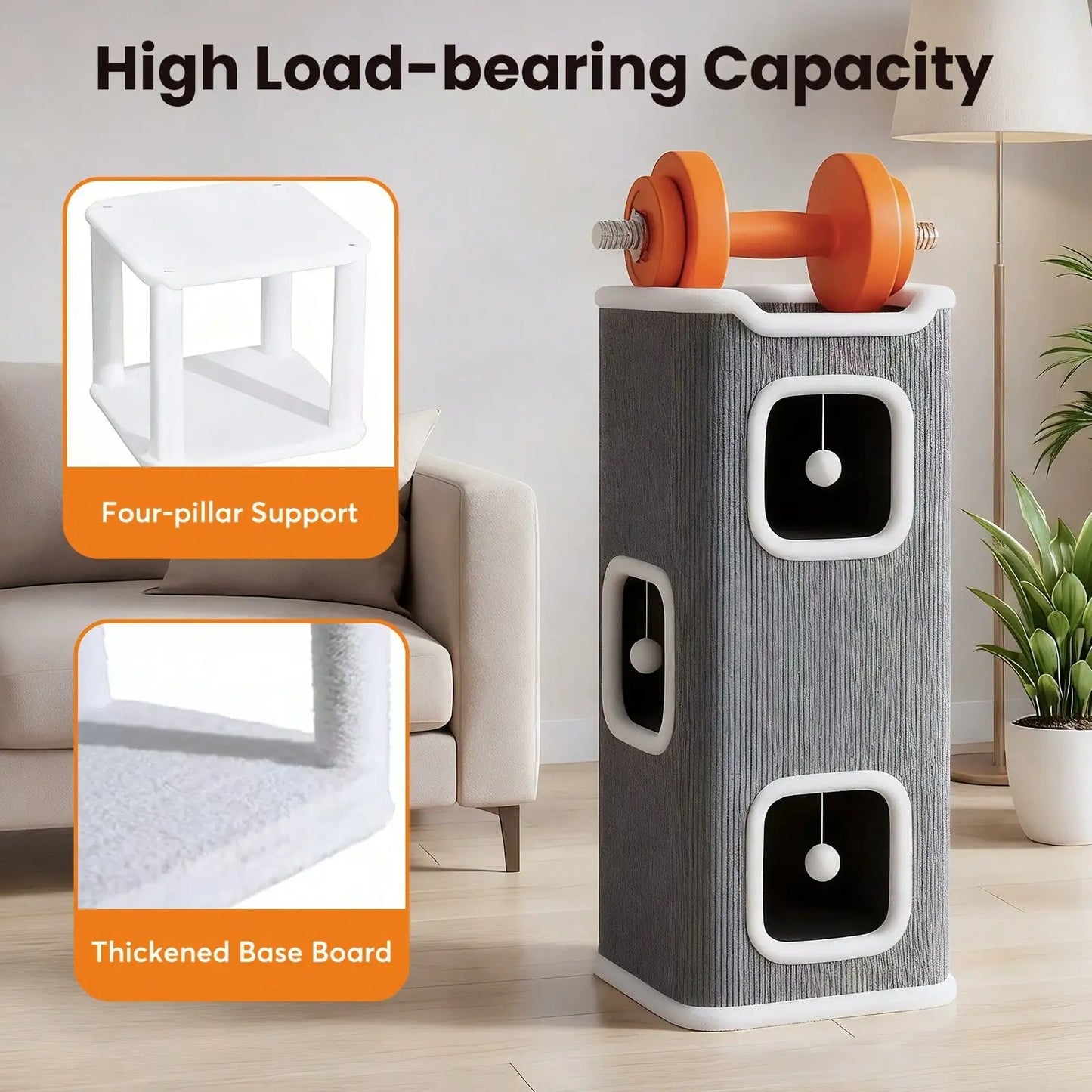 Foldable 3-Level Cat Tree | Deep Gray Polyester Cat Furniture With Interactive Hanging Toy, Cozy Soft Bed, Scratch-Resistant Des