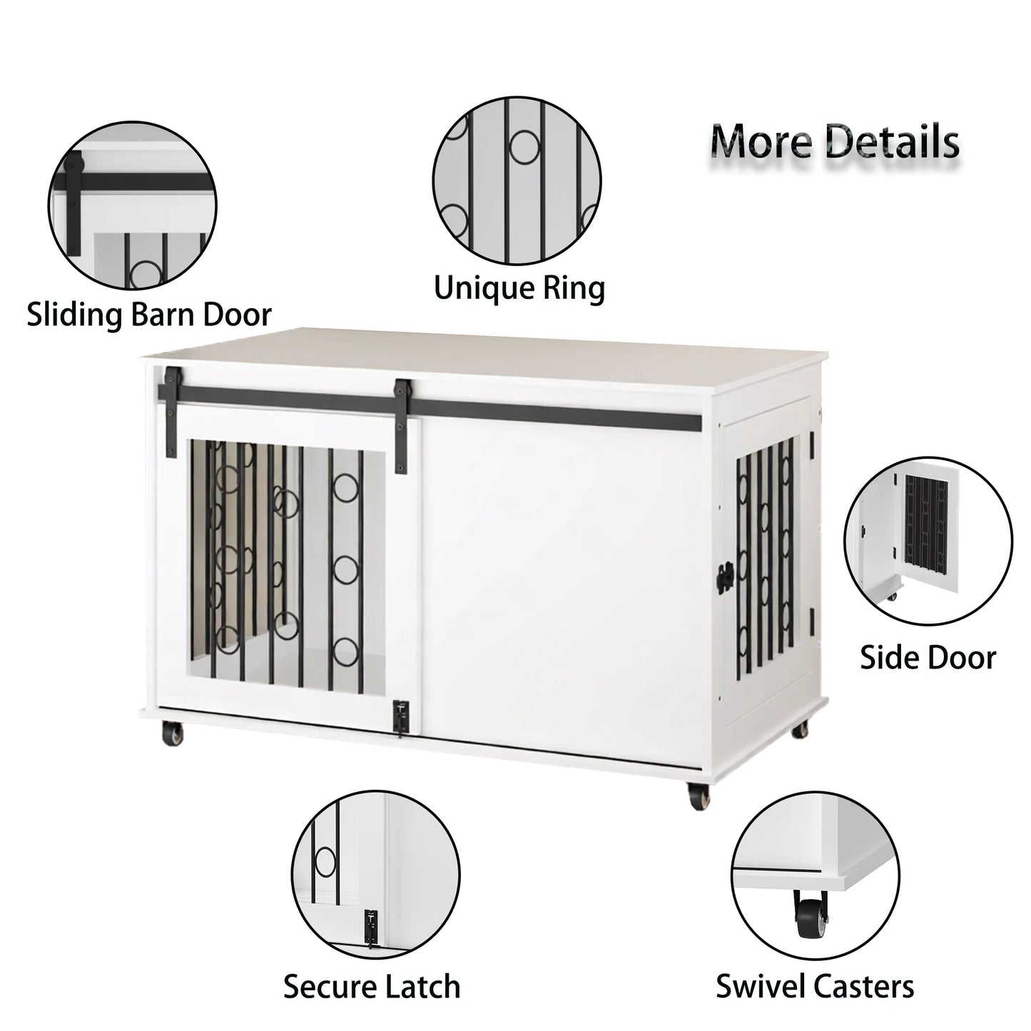 Modern Wooden Dog Crate Furniture End Table with Sliding Barn Door & Side Access, White Pet Kennel with Metal Bars & Lockable Wheels for Small Medium Dogs