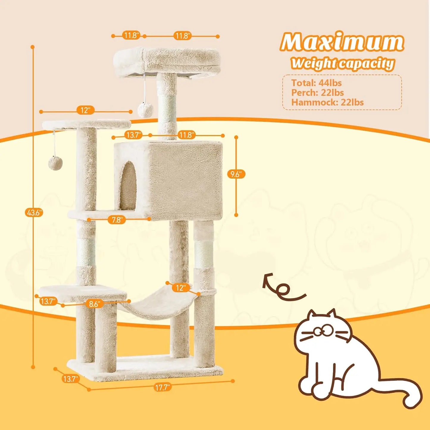 44 Inch Cat Tree Tower, Cat Climbing Tower with Natural Sisal Scratching Posts, Hammock, Pet Condo for Indoor Cats and Kittens P
