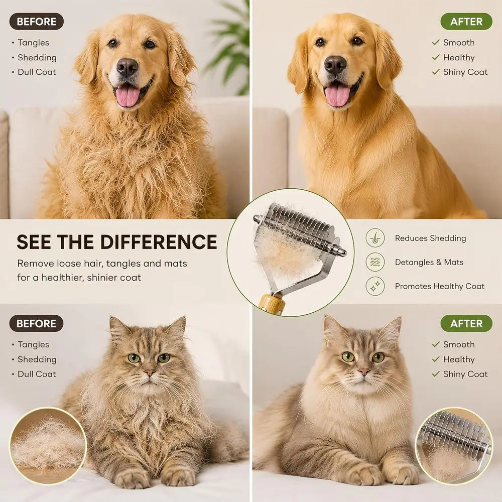 Pet Grooming Kit for Medium to Long Haired Cats & Dogs, 4-in-1 Dematting Comb Set with Undercoat Rake, Detangling & Deshedding T