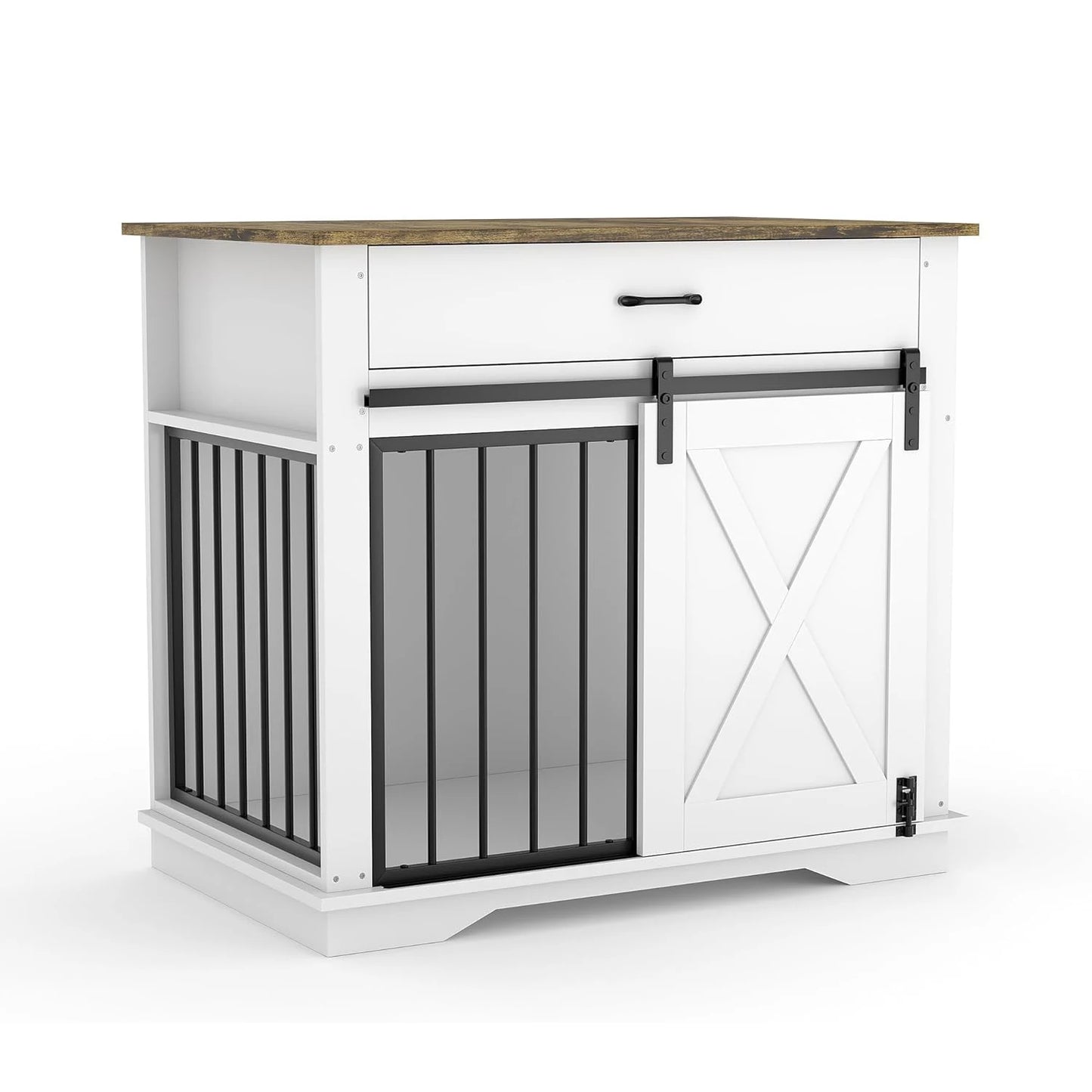 Wooden Dog Kennel with Double Doors, Sliding Barn Door and Storage Drawer, Pet Cage House End Table, Buffet Cabinet & Side Table