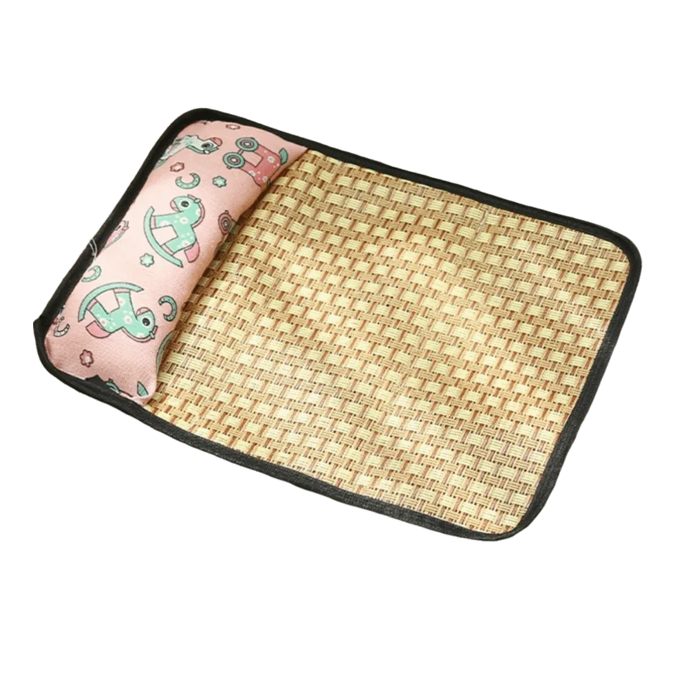 Rattan Weave Pet Cooling Mat Cartoon Pattern Anti-Slip Cat Sleeping Mat Breathable with Pillow Dog Crate Sleep Bed Car Travel