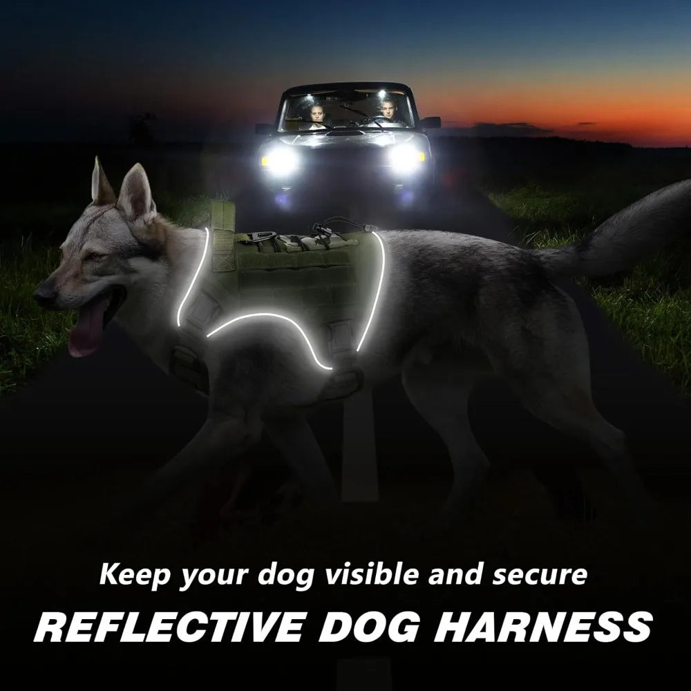 Tactical Dog Harness for Large Dogs, Heavy Duty No Pull with Handle, Reflective Military K9 Vest for Walking Training Hunting, Green, L