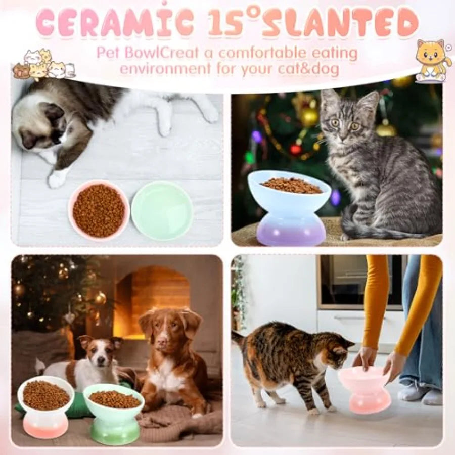 4 Pcs Ceramic Raised Cat Food Bowls Elevated Tilted Dish Anti Vomiting Food or Water Bowls Pet Supplies