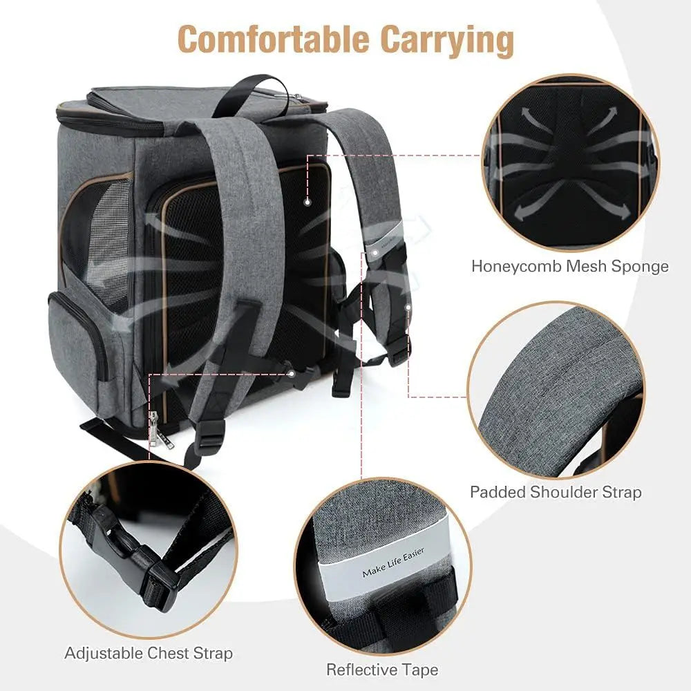Expandable Pet Backpack Carrier for Cats and Small Dogs, Airline-Approved with Safety Leash, Grey