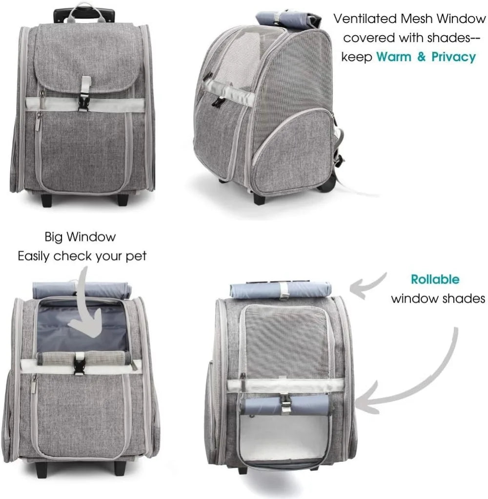 Pet Rolling Carrier, Dog Backpack with Wheels, Travel Bag for Cats and Puppies, Trolley (Grey)