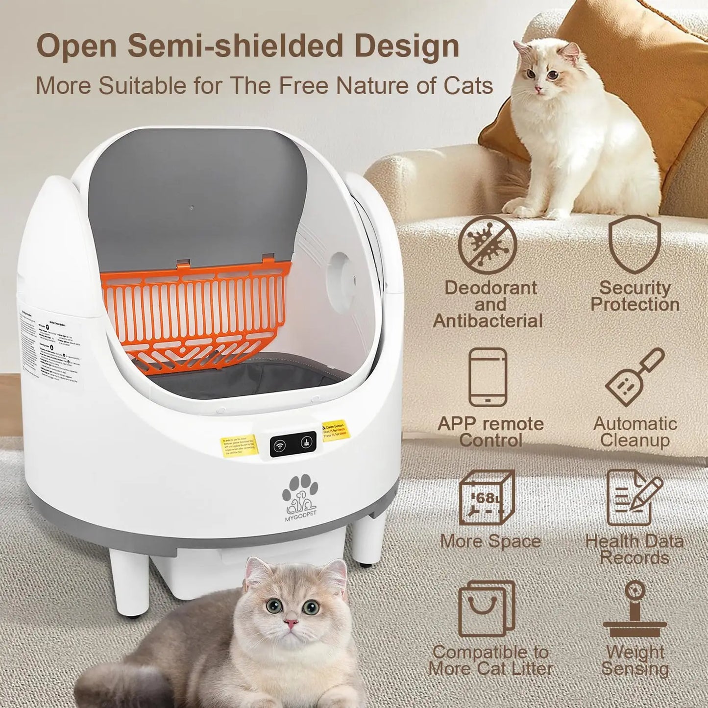 Self Cleaning Cat Litter Box, Open-Top Automatic Cat Litter Box for Multiple Cats, with Safety Protection, Smart, Customized
