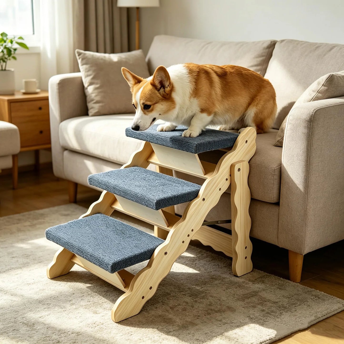 2-in-1 Wooden Pet Stairs & Folding Dog Ramp 3/4 Step Anti-Slip Ladder For High Beds Cars Indoor Cats Dogs Support Up To 150lbs