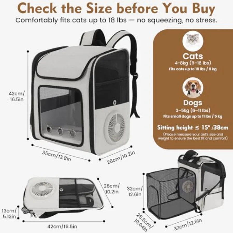 Cat Backpack Carrier with Cooling Fan Heating Pad, Expandable Breathable Pet Backpack for Cats Small Dogs, Travel Carrier for H
