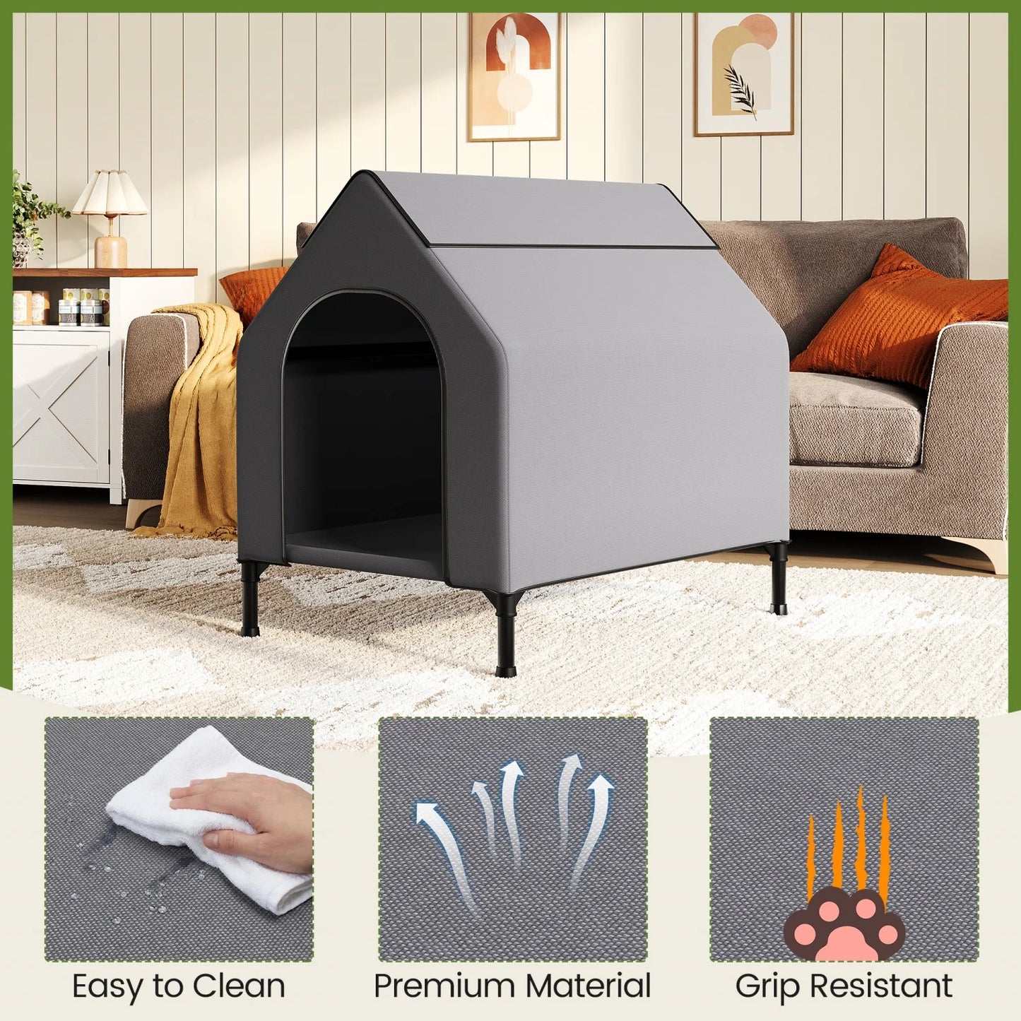 Weatherproof Elevated Dog House, 600D Oxford Breathable Outdoor Dog Tent Shelter with Mesh Bed, Sturdy Metal Frame Pet Kennel for Medium Dogs, Indoor/Outdoor Use