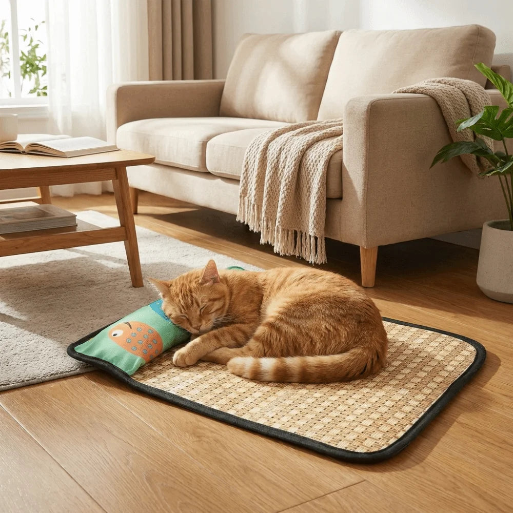 Rattan Weave Pet Cooling Mat Cartoon Pattern Anti-Slip Cat Sleeping Mat Breathable with Pillow Dog Crate Sleep Bed Car Travel
