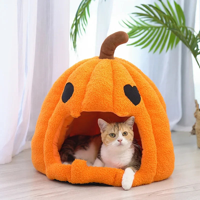 Autumn and Winter Warm Cat House Bed Cat and Dog House Pet Mat Pet Cave for Small Medium Dogs CatsHalloween Pumpkin Pet House