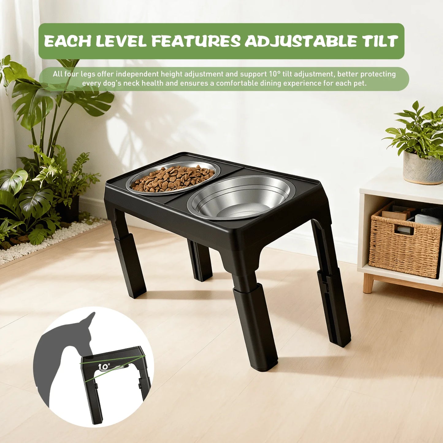 Elevated Dog Bowls - 5 Heights Adjustable Raised Dog Food Bowls with 2 Stainless Steel for Small Medium Large Dogs Cats