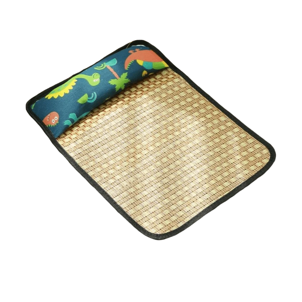 Rattan Weave Pet Cooling Mat Cartoon Pattern Anti-Slip Cat Sleeping Mat Breathable with Pillow Dog Crate Sleep Bed Car Travel