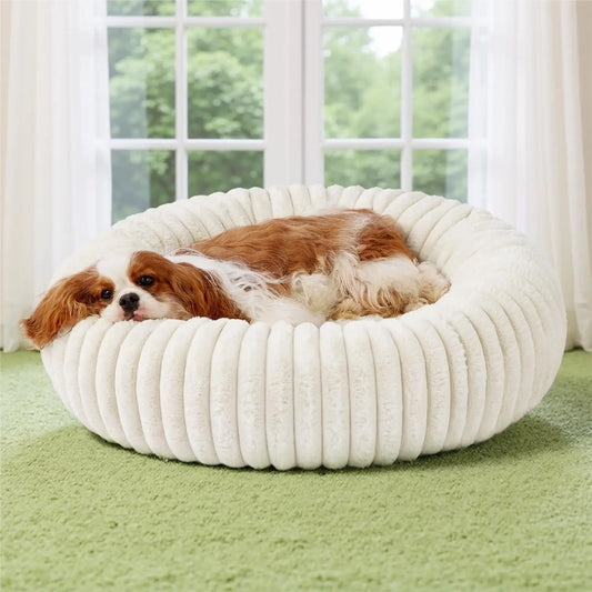 Medium Washable Faux Fur Dog Bed with Anti-Slip Bottom, Removable Cover, Cream Color, 30x30x8 Inches