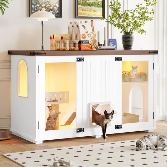 47.25" Cat House Large Space Hidden Cat Litter Box Enclosure with LED Light, Scratch Pad, Stairs and Smart Doors