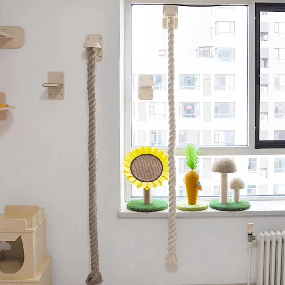 Cat Climbing Shelf and Rope Tree Wall Mounted Scratching Post Sisal Rope Lounging Interactive Play Toys Gym for Indoor Cats